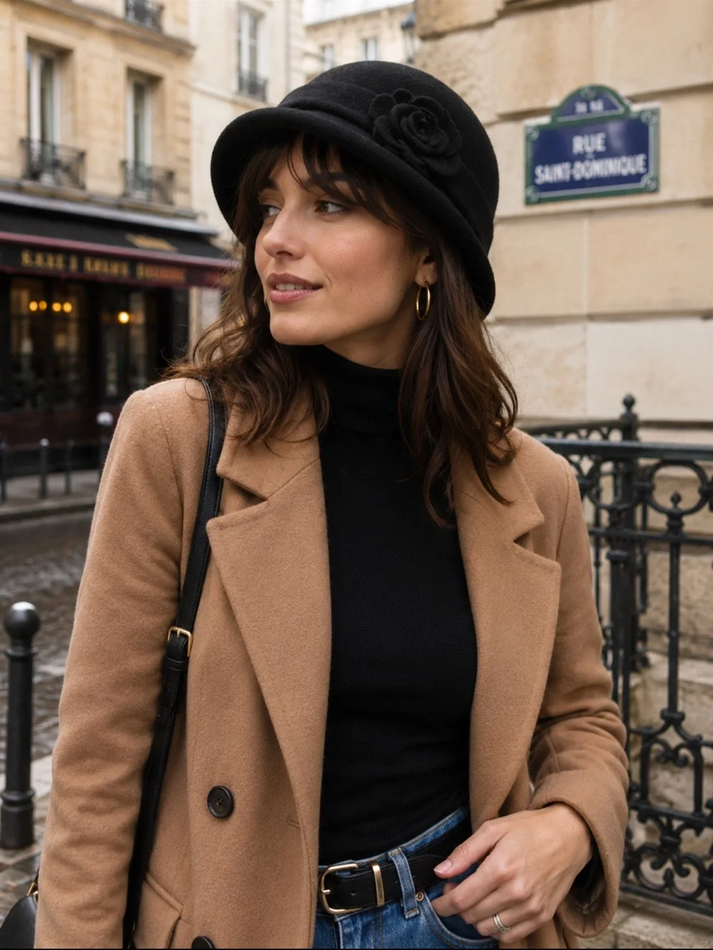 Shihreen 100% wool black cloche hat w/ felt flower.